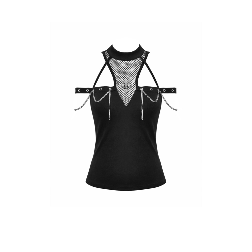 Dark in Love - Dark Techwear Mesh Cutout ColdShoulder Chain Cross Halter Sleeveless top - Black
